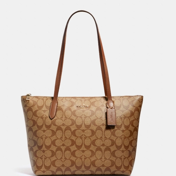 Coach Handbags - COACH Zip Top City Tote in Signature Canvas in Khaki and Gold